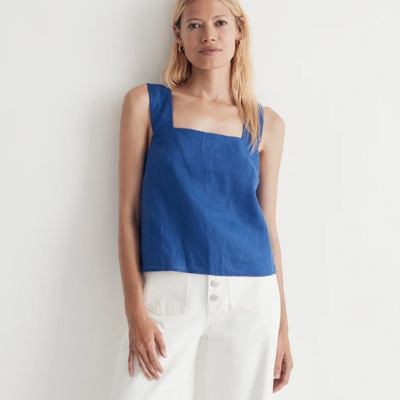 Madewell Royal Blue Criss-Cross Linen Tank Top 4 - Picture 2 of 11